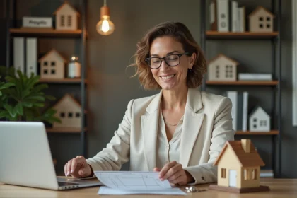 Propriétaire immobilière gérant ses biens sur ordinateur avec documents et clés sur bureau en bois