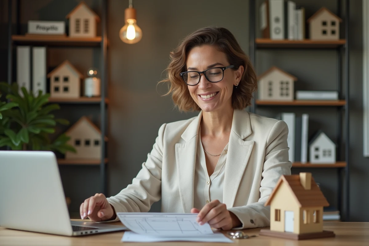 Propriétaire immobilière gérant ses biens sur ordinateur avec documents et clés sur bureau en bois
