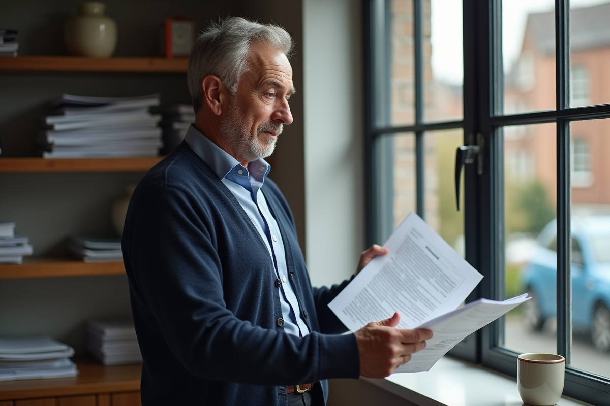 Homme propriétaire examinant des documents dans un bureau