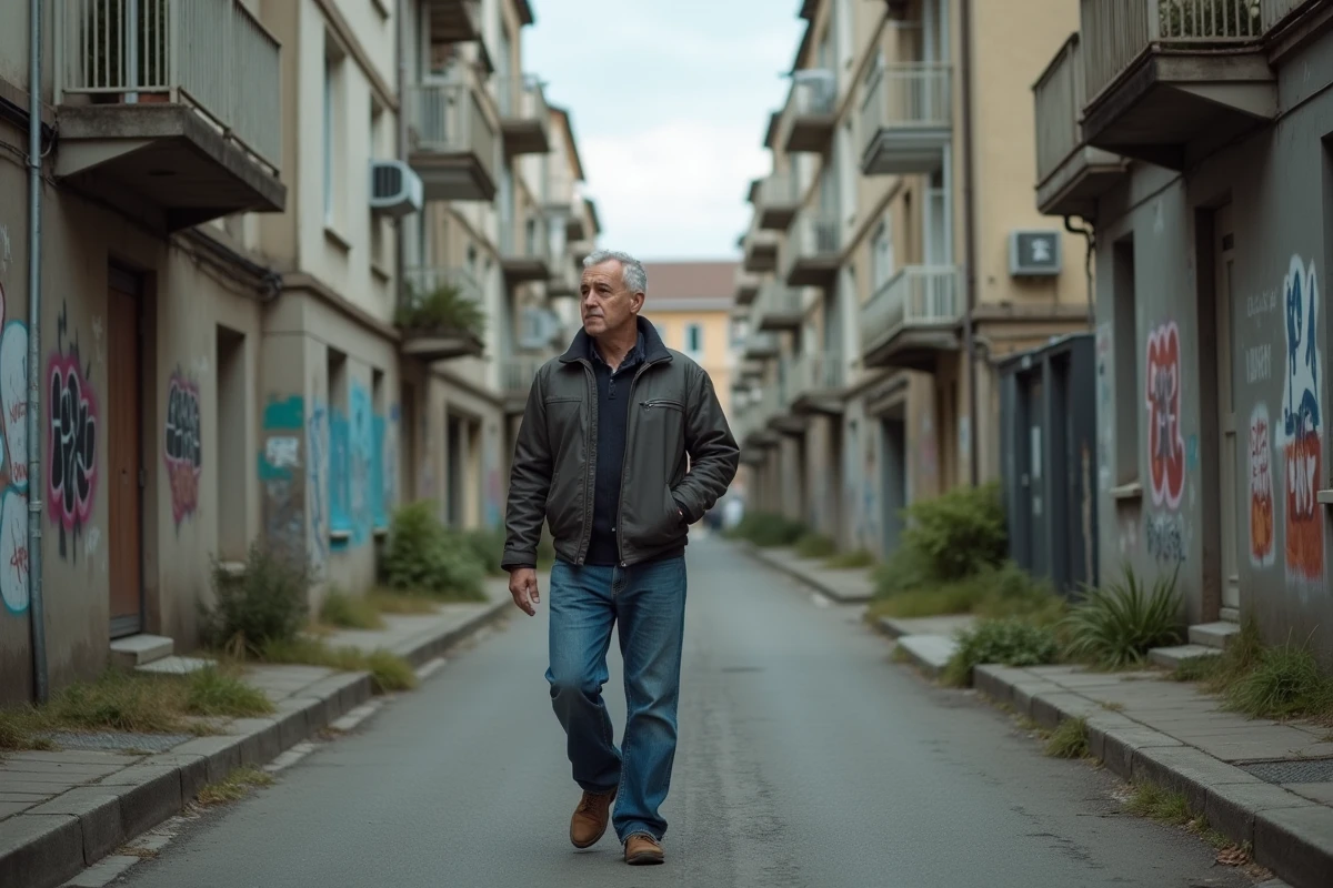 Rue résidentielle défraîchie dans un quartier sensible de Champs-sur-Marne avec immeubles des années 70 et trottoirs dégradés