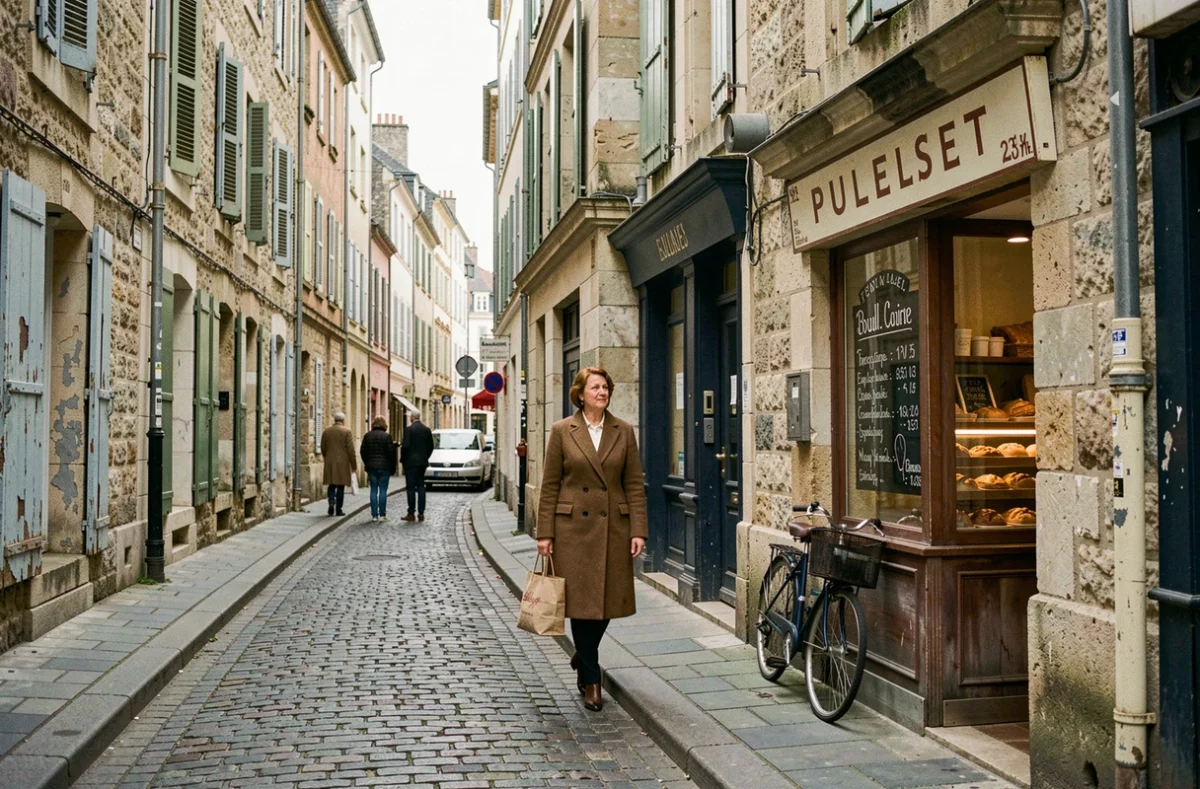 Rue calme d'un quartier populaire de Montluçon avec façades anciennes et habitants du quotidien