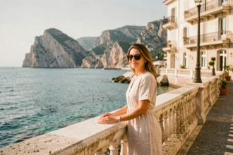 Femme se promenant sur la corniche des quartiers sud de Marseille avec vue sur la mer Méditerranée et les calanques en arrière-plan