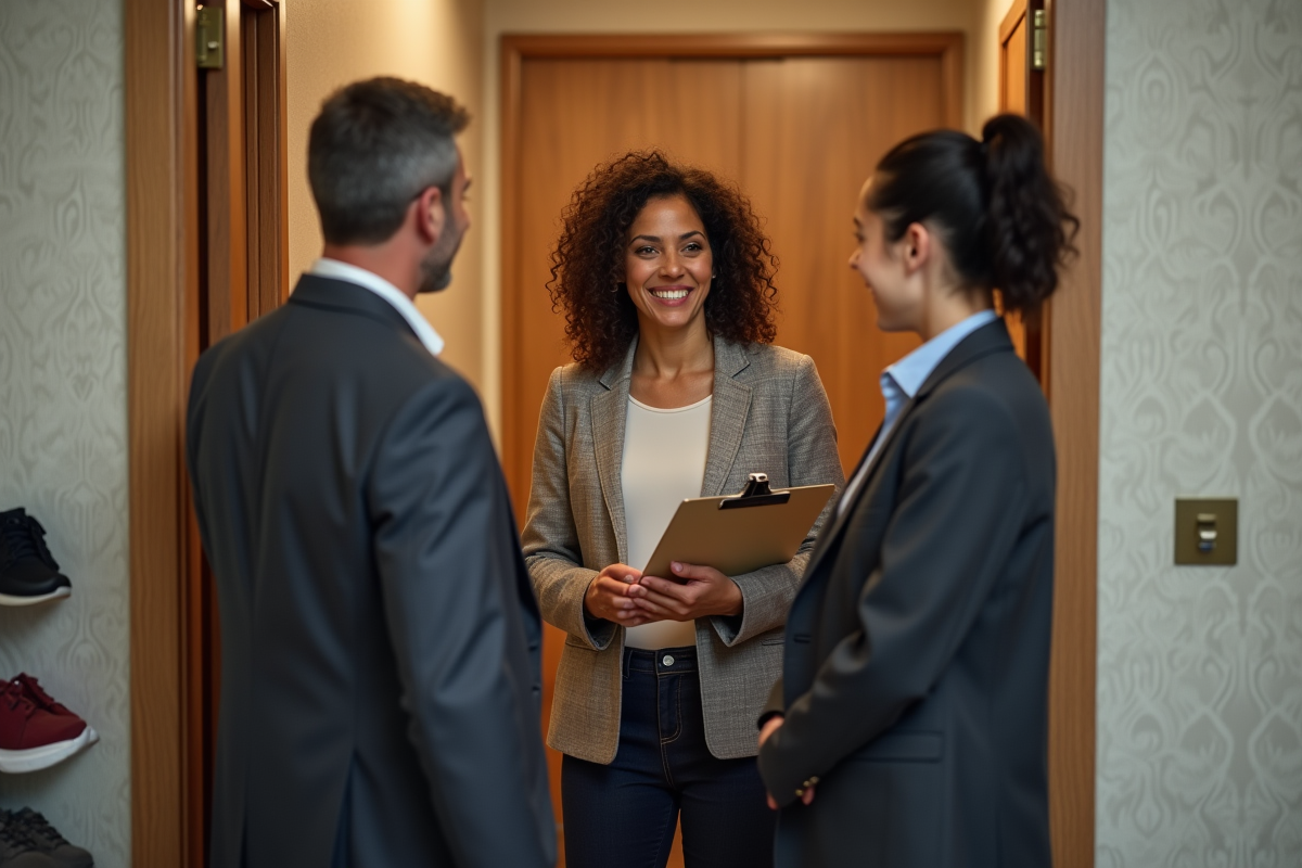 Femme accueillant un couple avec clés dans l