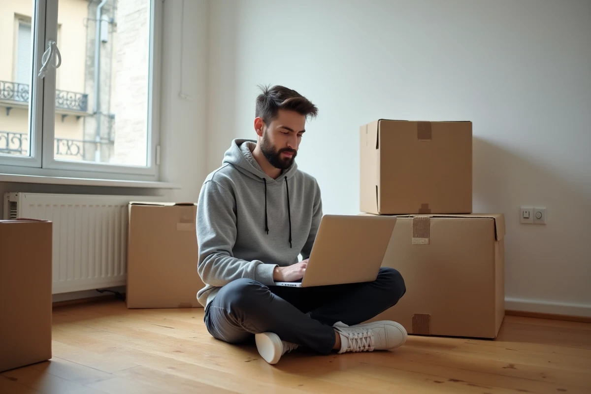 Jeune homme consultant un site de location immobilière sur son ordinateur lors d'un emménagement dans un studio