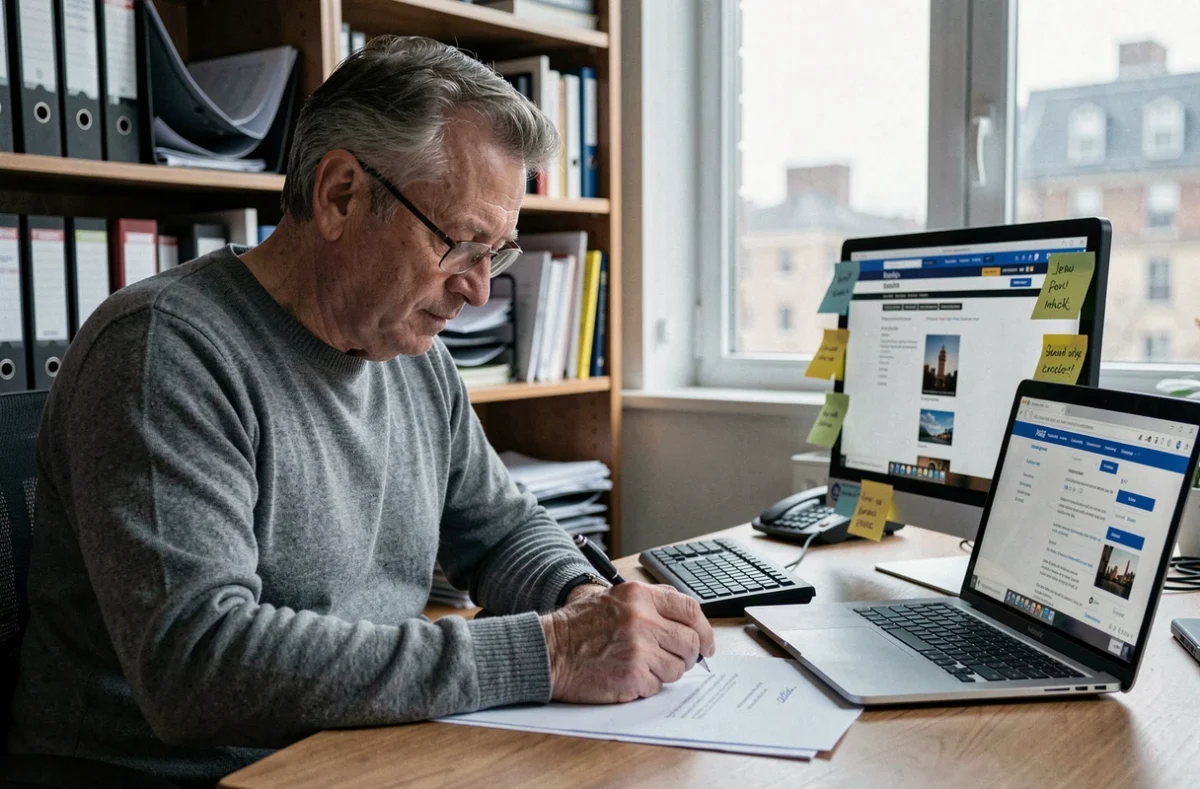 Propriétaire ou locataire rédigeant une lettre recommandée dans un bureau à domicile pour protéger ses droits locatifs
