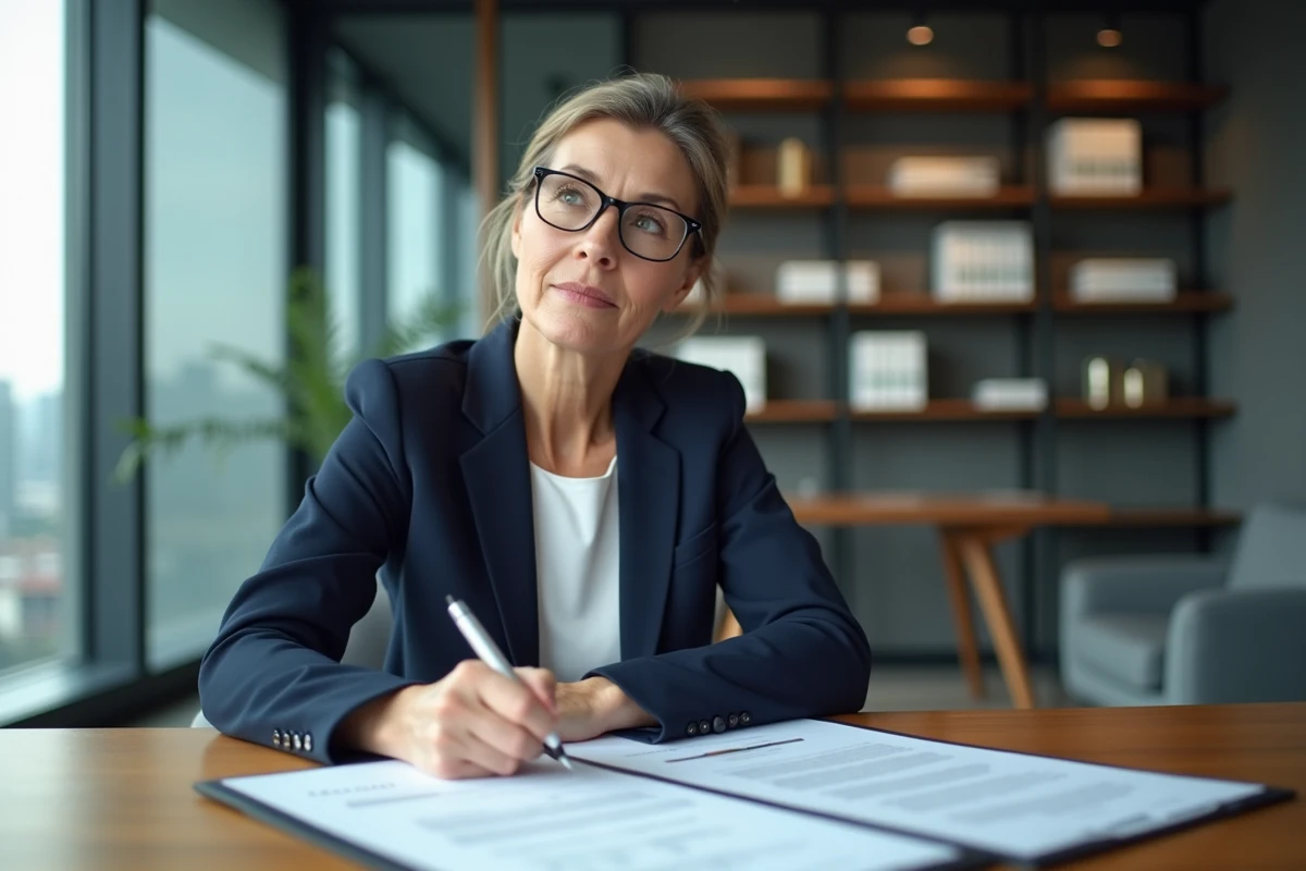 Professionnelle de l'immobilier consultant le registre des copropriétaires lors d'une transaction de vente dans une agence moderne
