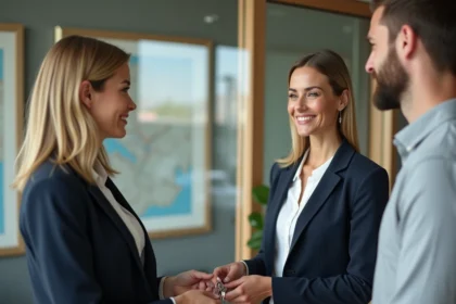 Remise de clés entre un agent immobilier et un locataire dans une agence moderne avec signature de document