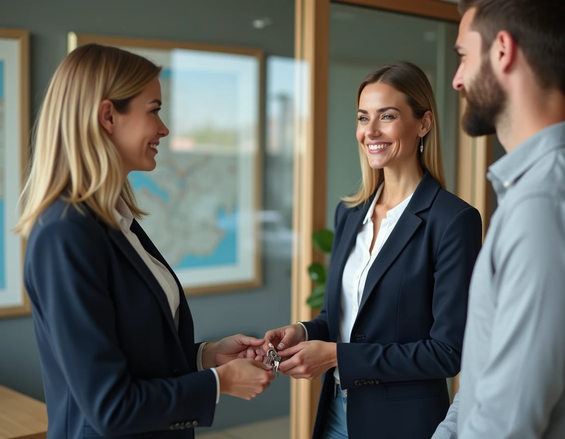 Remise de clés entre un agent immobilier et un locataire dans une agence moderne avec signature de document