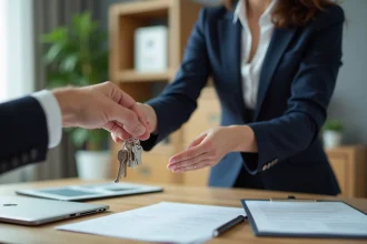 Remise de clés entre professionnels lors de la signature d'une attestation immobilière