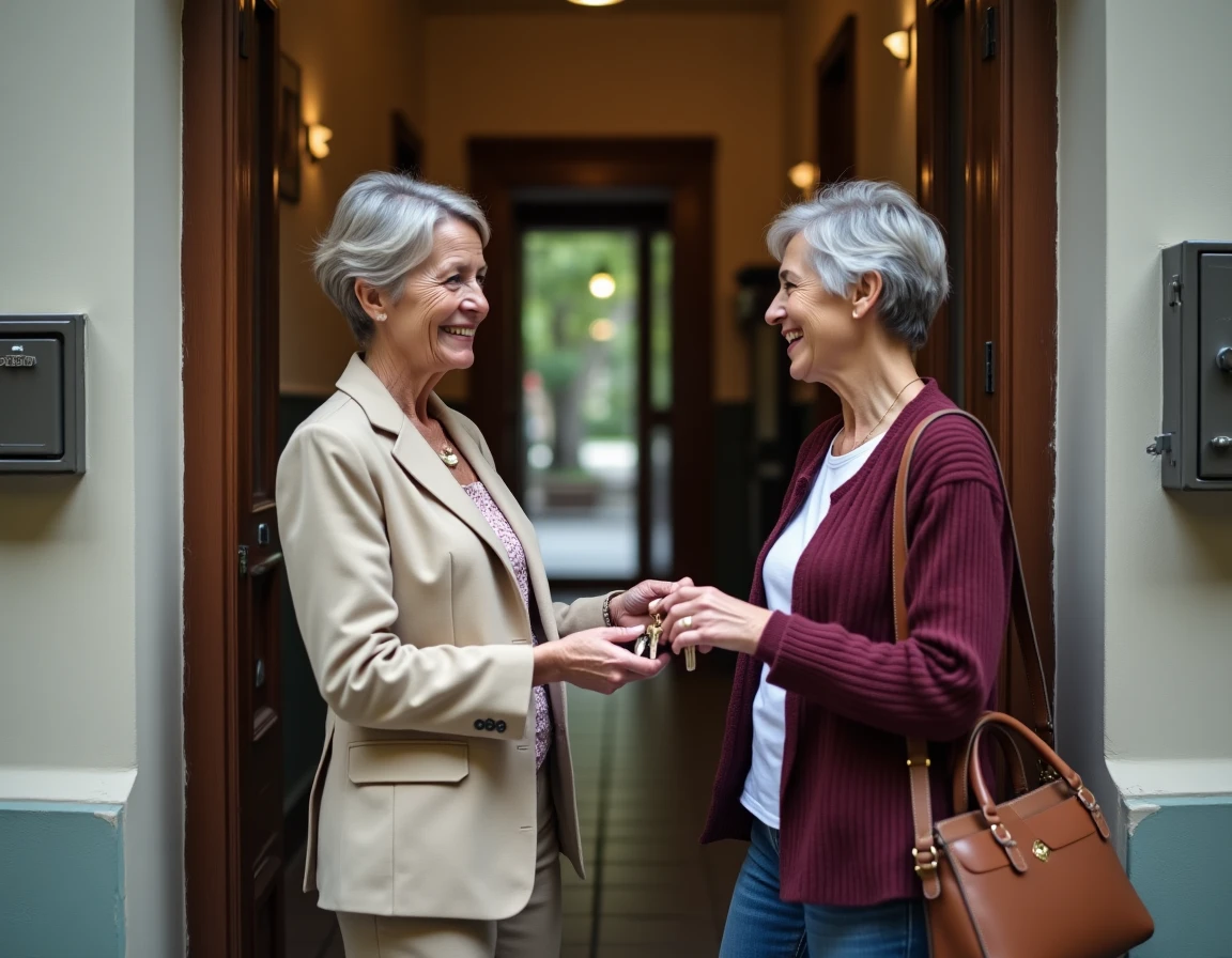 Deux femmes lors d'une remise de clés à l'entrée d'un immeuble résidentiel avec échange de clés et sourires naturels