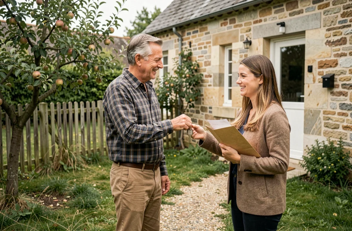 Remise des clés d'une petite maison avec jardin lors d'une location entre particuliers en 76