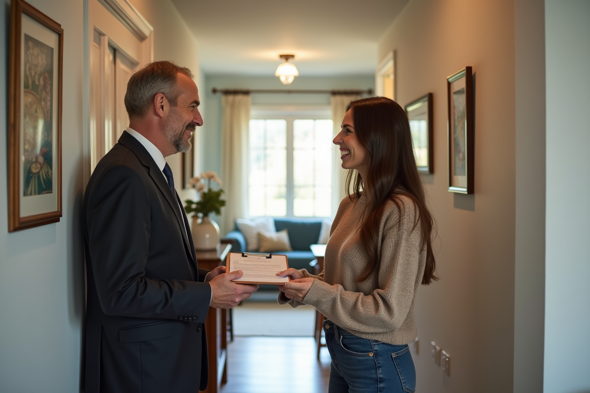 Homme remettant un contrat de location à une jeune femme dans le couloir