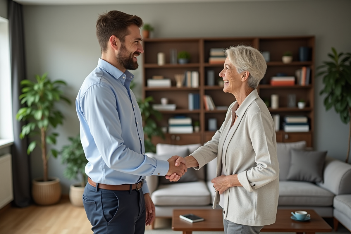 Homme d'affaires serrant la main d'une femme dans un salon moderne