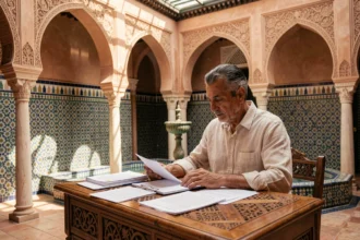 Investisseur immobilier calculant le rendement locatif d'un riad à vendre à Marrakech dans une cour intérieure ornée de zellige