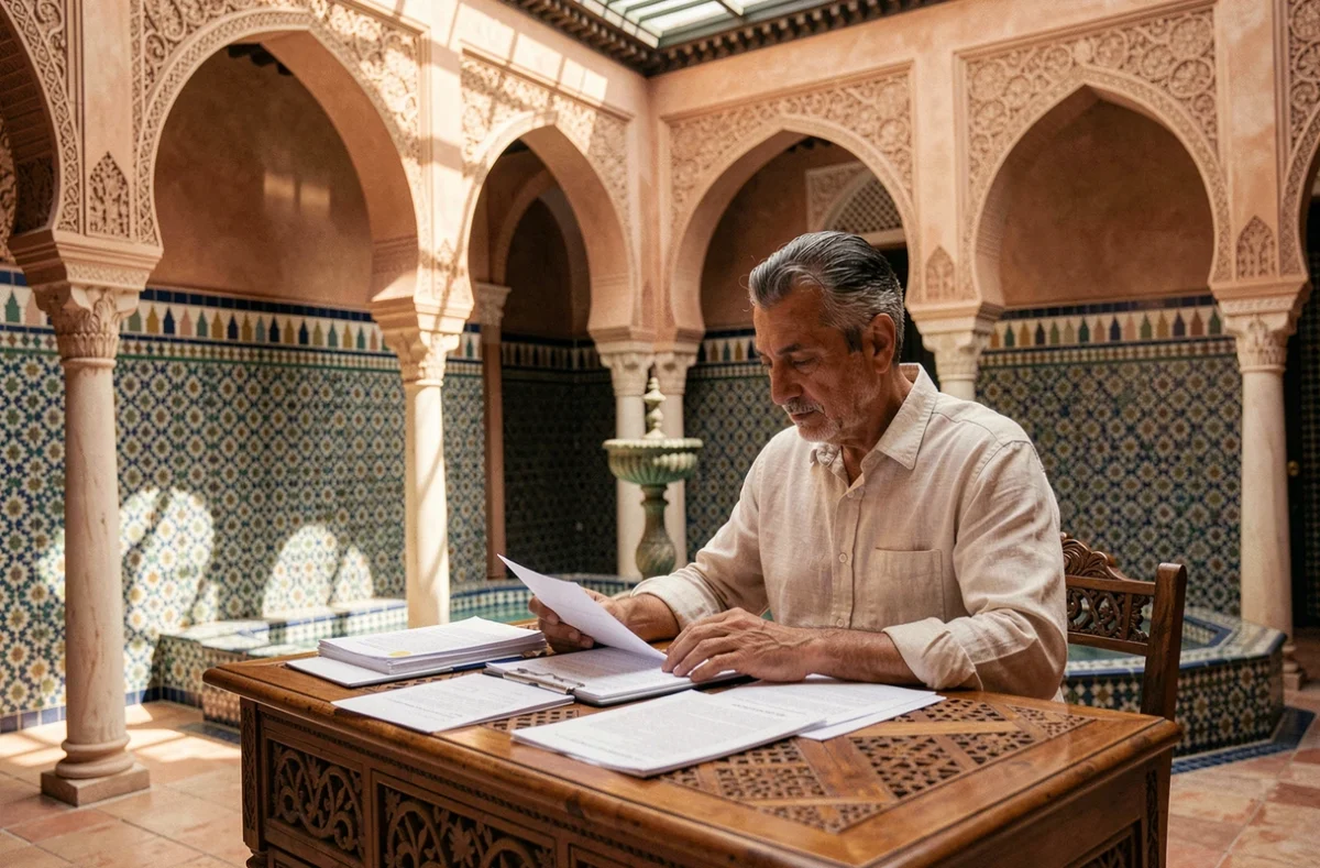 Investisseur immobilier calculant le rendement locatif d'un riad à vendre à Marrakech dans une cour intérieure ornée de zellige