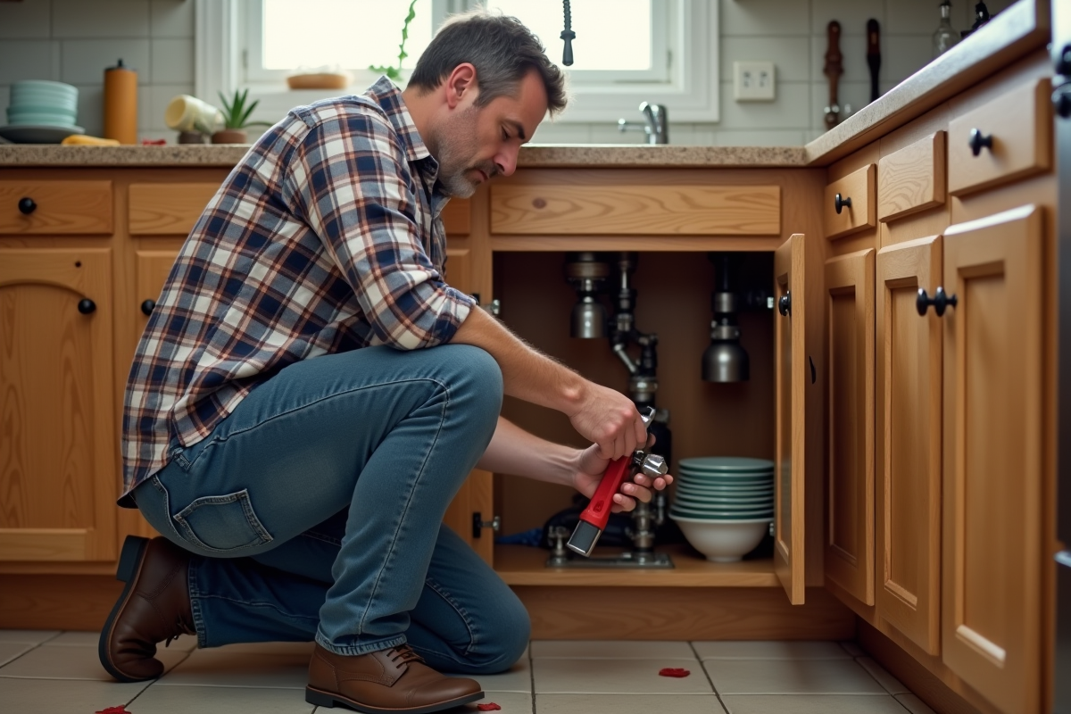 Homme d'âge moyen répare un tuyau dans une cuisine