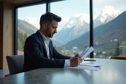Homme en costume consultant des documents immobiliers dans un appartement moderne avec vue sur les Pyrénées en Andorre