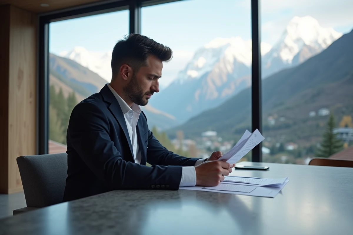 Homme en costume consultant des documents immobiliers dans un appartement moderne avec vue sur les Pyrénées en Andorre
