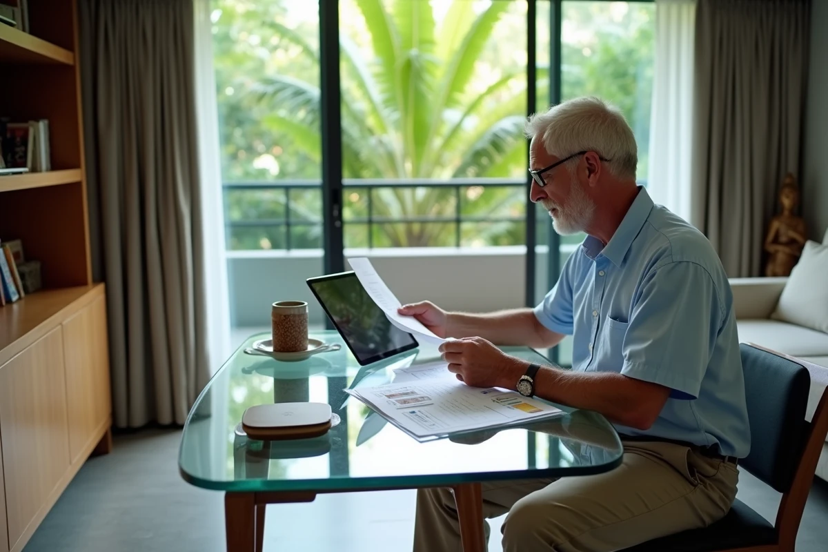 Retraité expatrié étudiant des documents immobiliers dans un appartement condo moderne à Phuket en Thaïlande