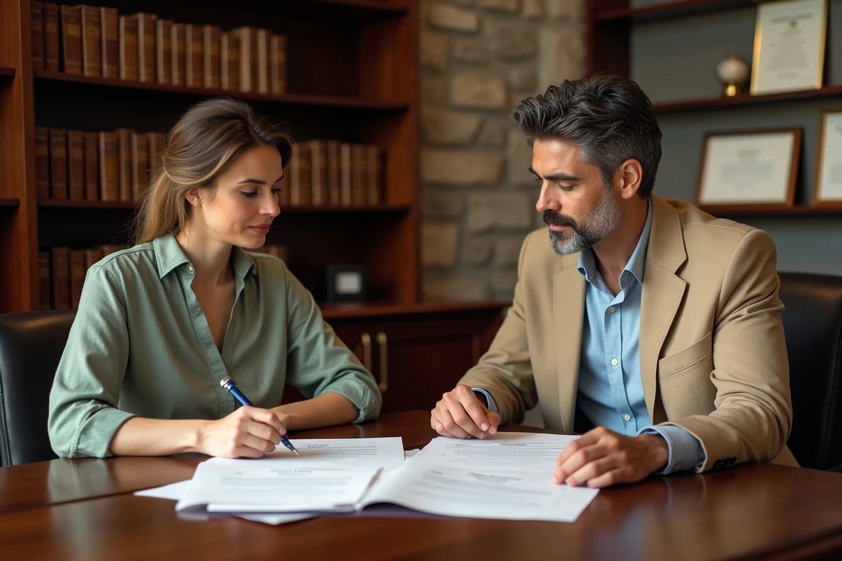 Réunion entre copropriétaires et notaire autour du registre officiel de copropriété