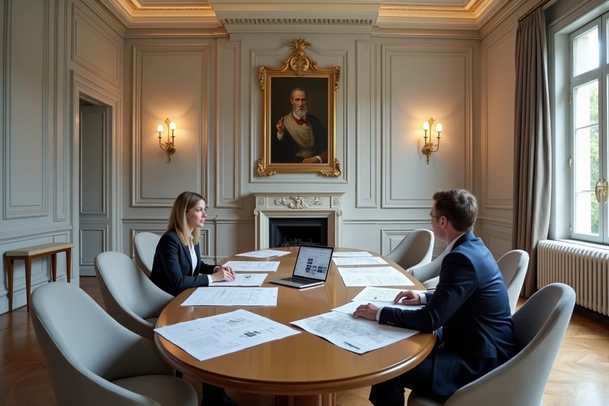 Réunion d'estimation immobilière pour un hôtel particulier avec deux experts autour d'une table de conférence et des rapports d'évaluation détaillés