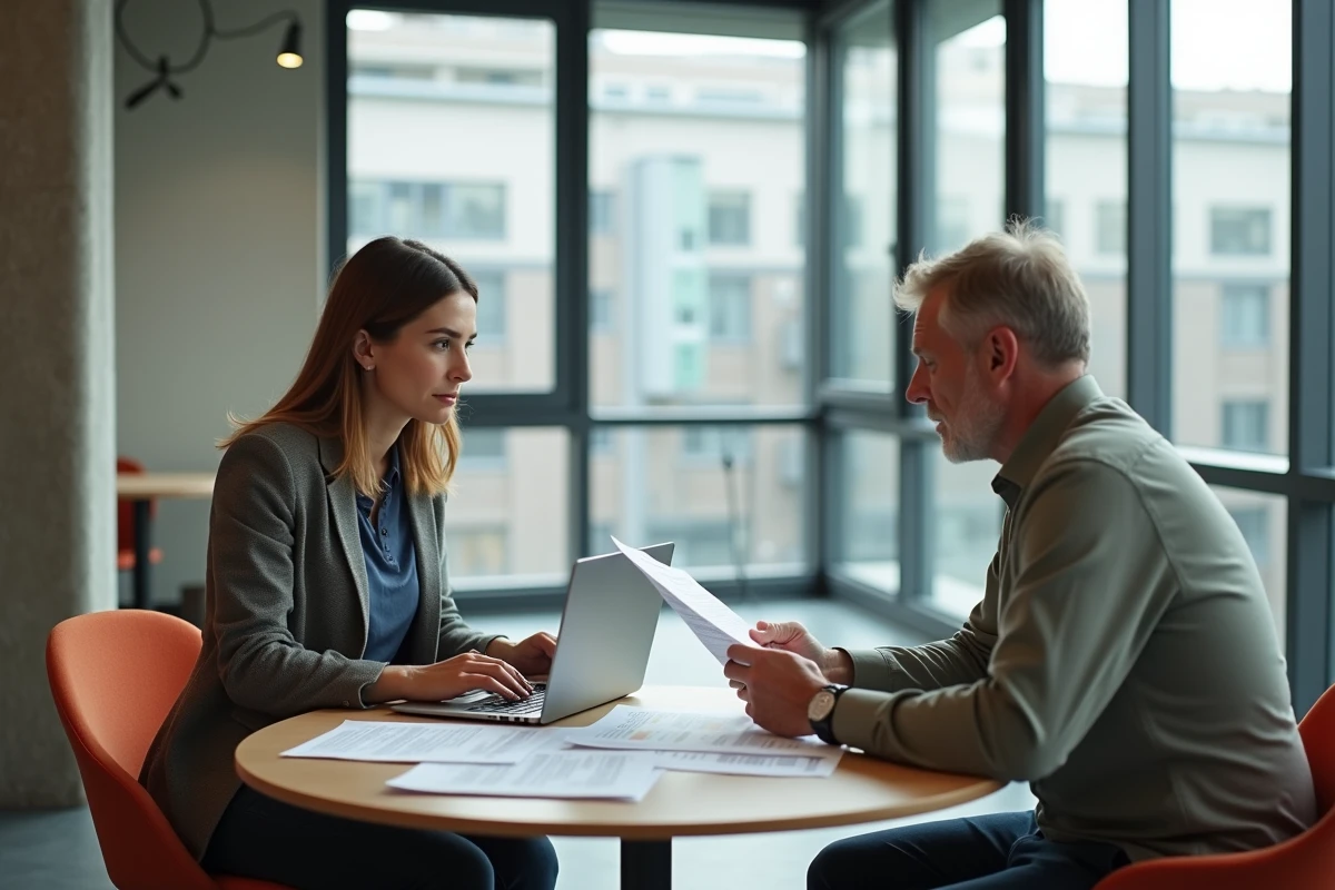 Propriétaires discutant d'un contrat de location autour d'une table dans un espace de travail moderne