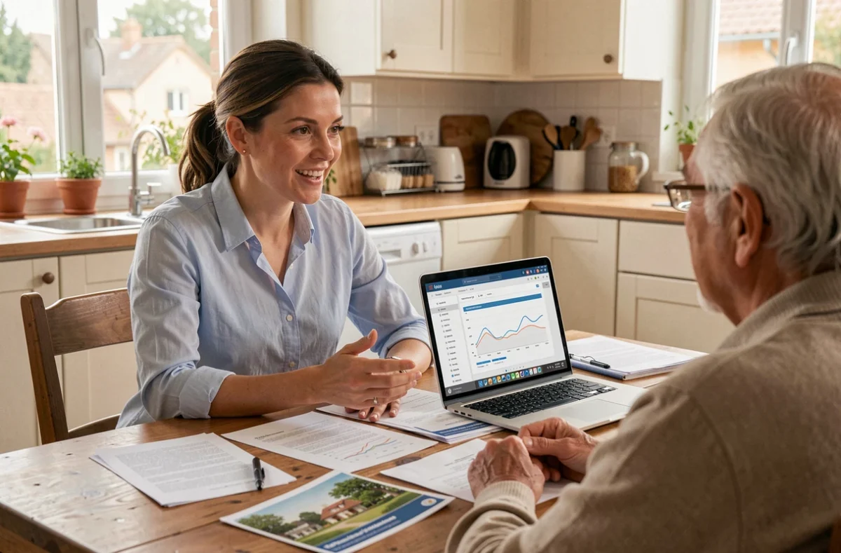 Mandataire Safti en Gironde réalisant une estimation immobilière chez des clients avec ordinateur portable et documents sur table de cuisine