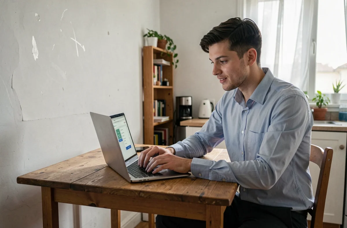 Jeune salarié recherchant un logement social sur ordinateur portable dans son appartement