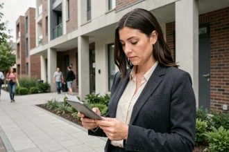 Salariée consultant des documents devant un immeuble de logement social moderne en milieu urbain