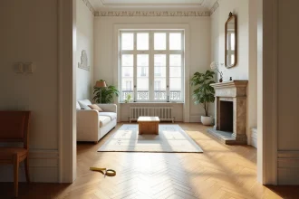 Salon d'un appartement F3 ancien de style haussmannien avec parquet en chevrons et plan au sol posé sur le rebord de fenêtre
