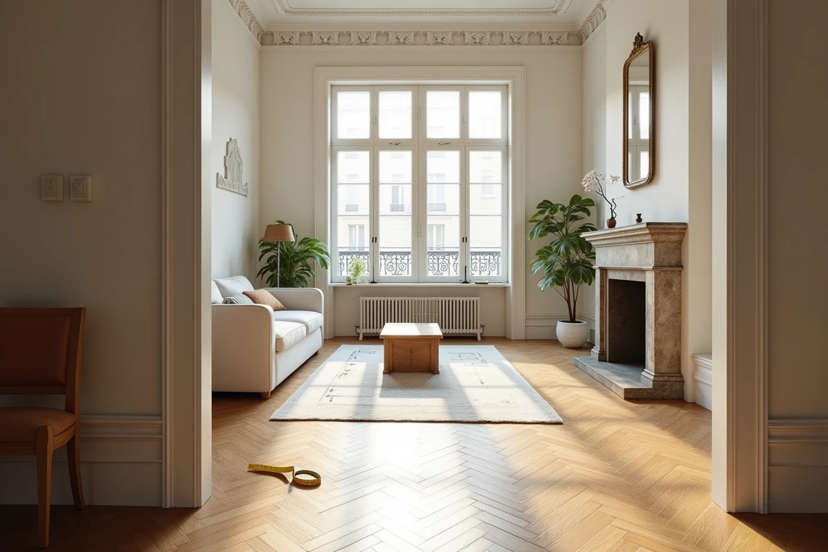 Salon d'un appartement F3 ancien de style haussmannien avec parquet en chevrons et plan au sol posé sur le rebord de fenêtre