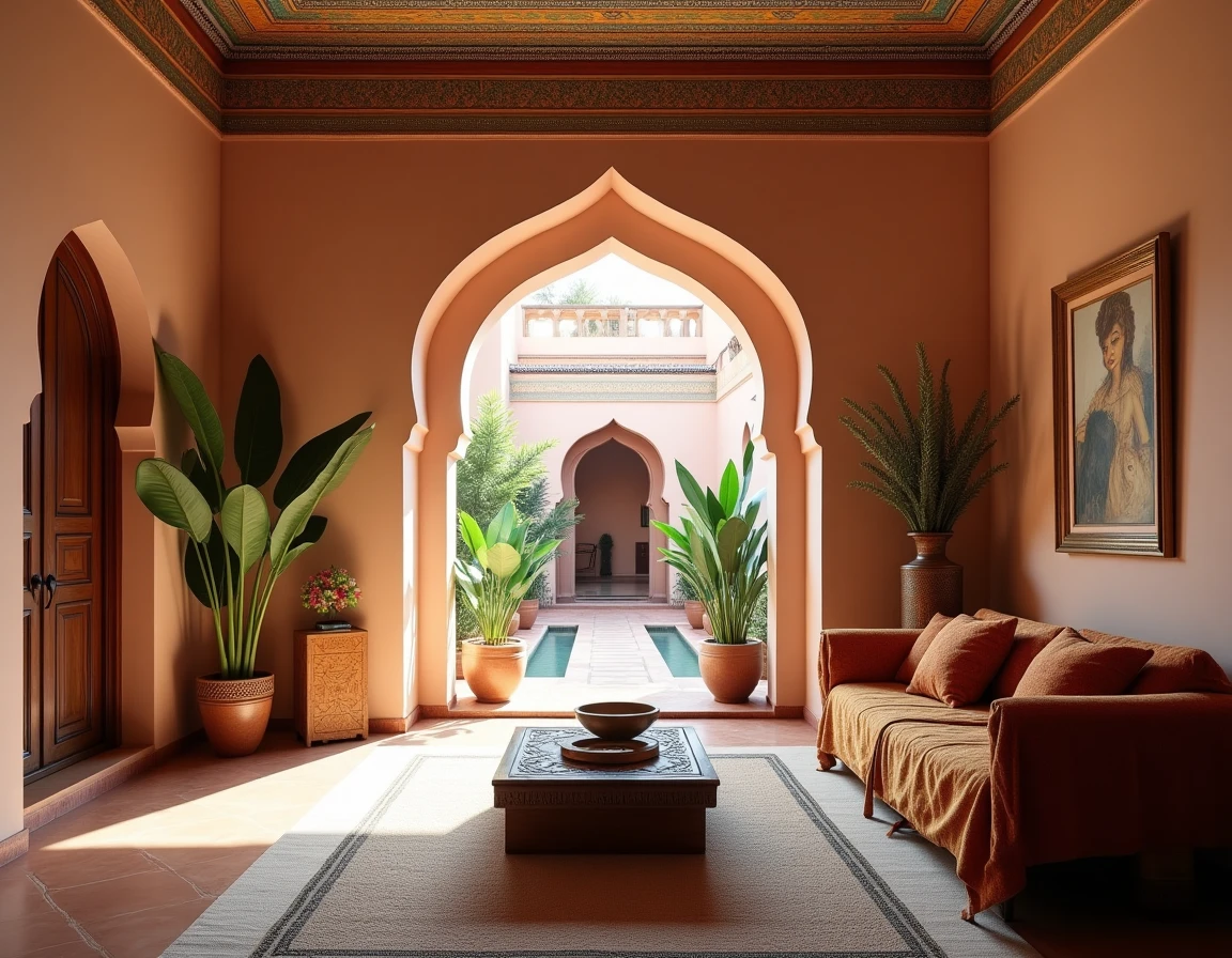 Salon traditionnel marocain dans une villa à vendre à Marrakech avec décoration artisanale authentique