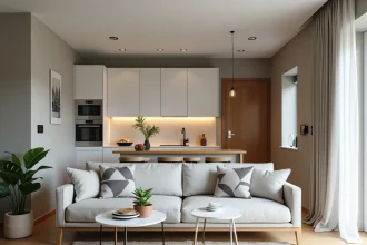 Salon bien agencé d'un appartement T2 avec étagères intégrées, canapé gris et cuisine ouverte sur espace de vie