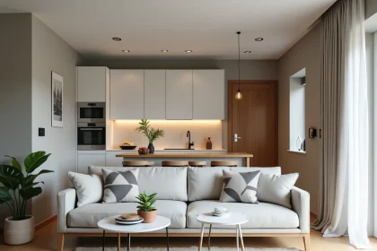 Salon bien agencé d'un appartement T2 avec étagères intégrées, canapé gris et cuisine ouverte sur espace de vie