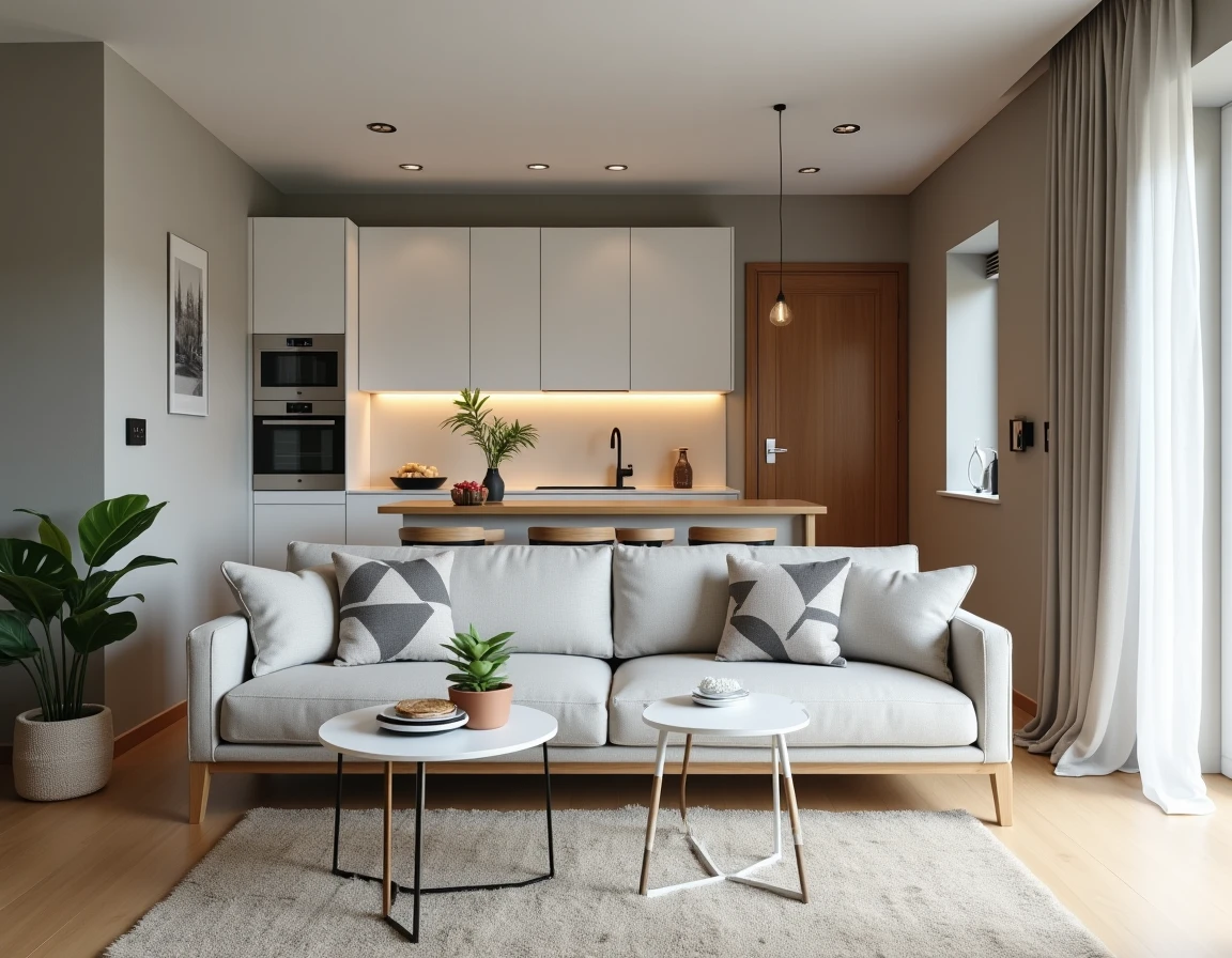 Salon bien agencé d'un appartement T2 avec étagères intégrées, canapé gris et cuisine ouverte sur espace de vie