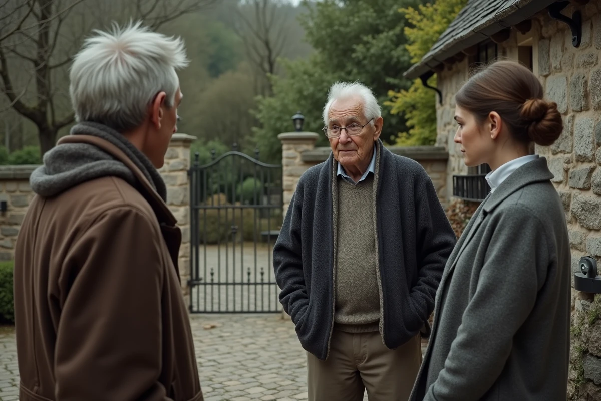 Un couple âgé observe des frères et sœurs devant une maison en pierre