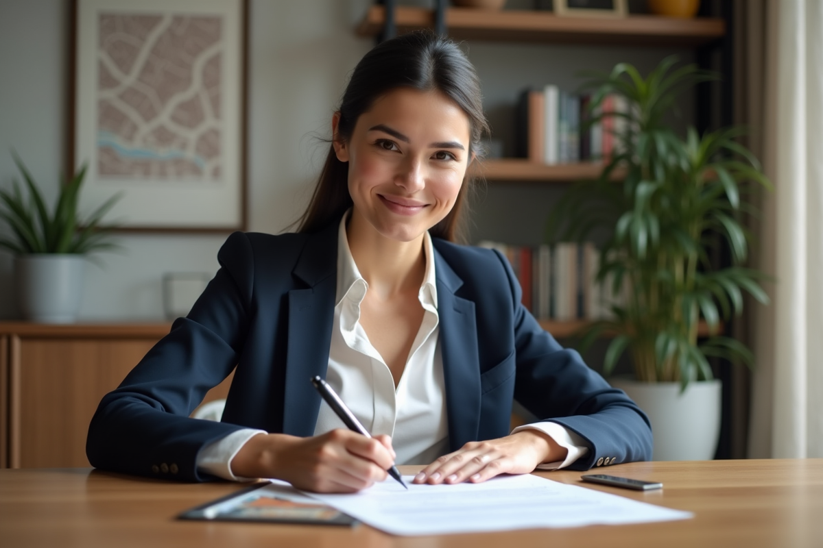 Femme signant un contrat de location dans un appartement moderne