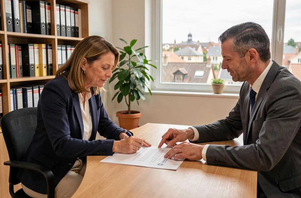 Femme signant un contrat BRS dans un bureau notarial à Toulouse avec un conseiller immobilier