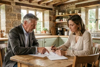 Deux locataires signant un contrat de location pour une petite maison avec jardin en Seine-Maritime