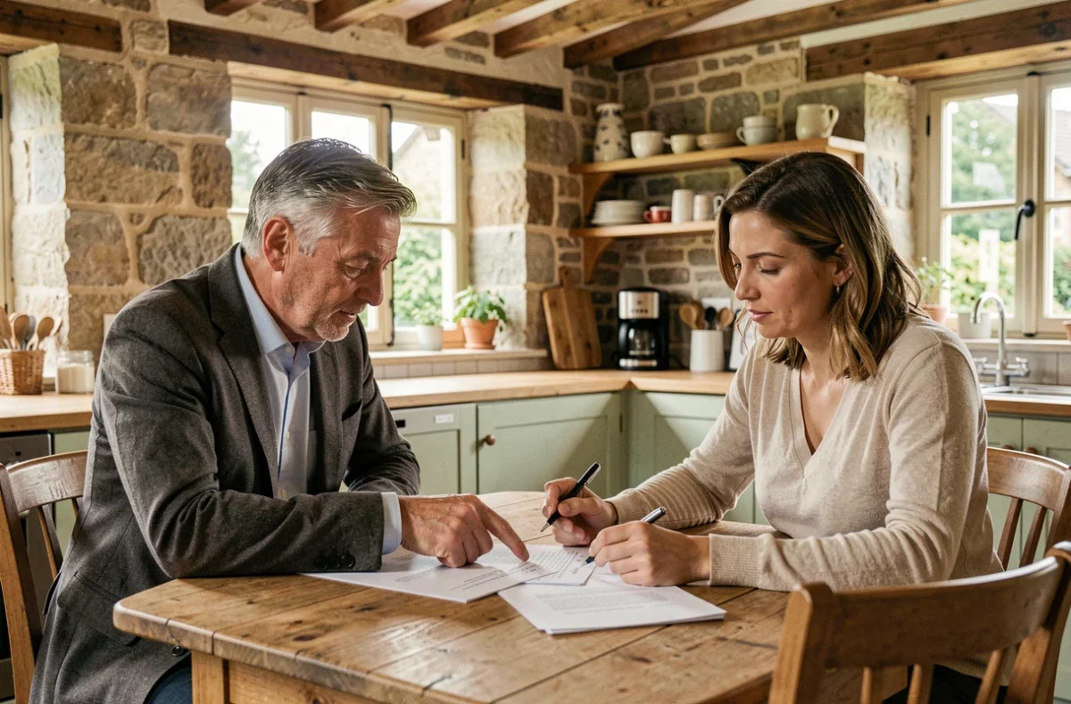 Deux locataires signant un contrat de location pour une petite maison avec jardin en Seine-Maritime