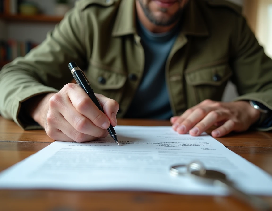 Homme signant un document de remise de clés imprimé en PDF posé sur une table en bois avec une clé à côté