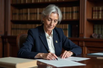 Femme mature consultant une simulation de frais de notaire pour un viager dans un bureau notarial parisien