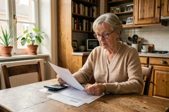 Femme retraitée étudiant une simulation de viager sans rente à son domicile, documents immobiliers et calculatrice sur table en bois