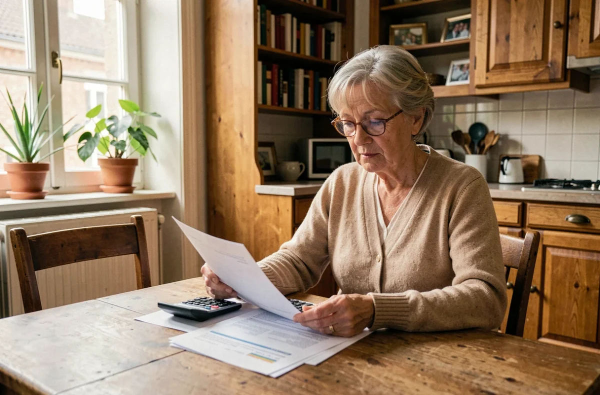 Femme retraitée étudiant une simulation de viager sans rente à son domicile, documents immobiliers et calculatrice sur table en bois