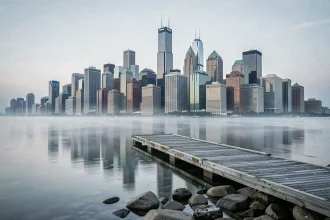 Vue panoramique du skyline de Chicago depuis le lac Michigan avec le Citadel Center visible parmi les gratte-ciels