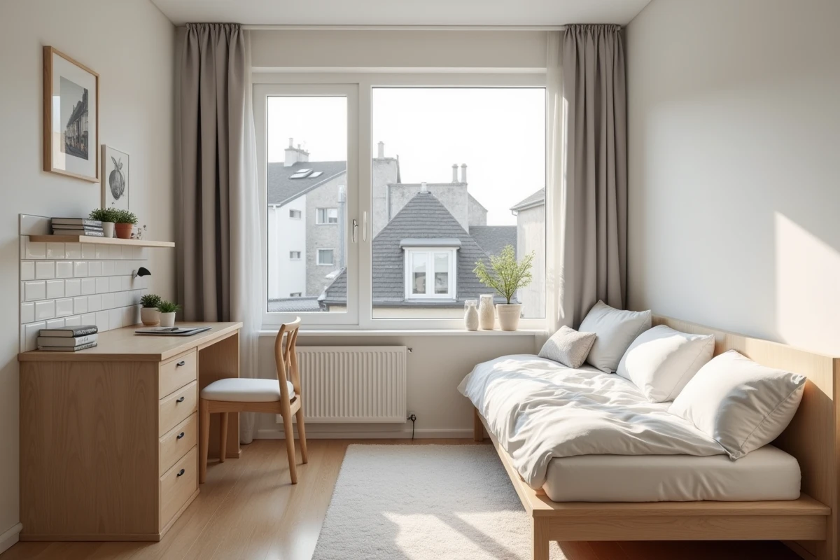 Intérieur lumineux d'un studio meublé moderne à louer à La Roche-sur-Yon