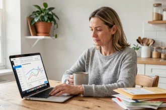 Femme gérant sa copropriété en ligne depuis chez elle avec un syndic numérique