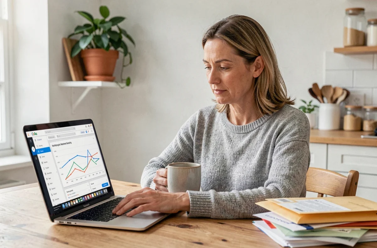 Femme gérant sa copropriété en ligne depuis chez elle avec un syndic numérique