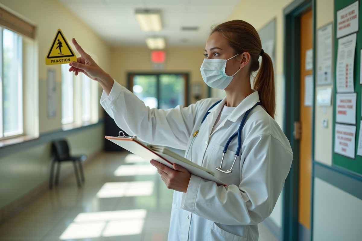 Jeune technicienne environnement pointant un panneau de sécurité dans une école