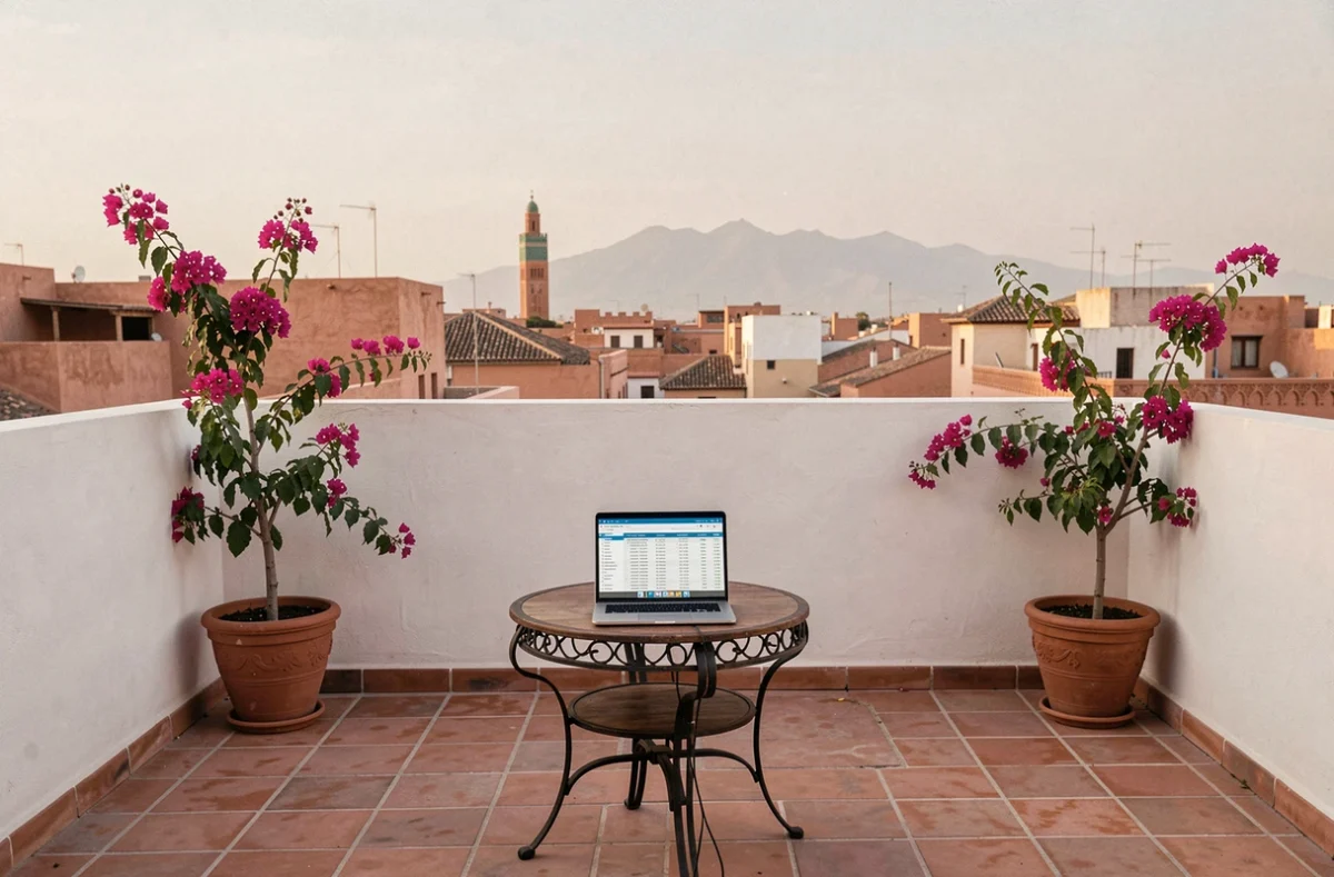 Terrasse d'un riad à vendre à Marrakech avec ordinateur portable affichant un calcul de rentabilité locative et vue sur la médina